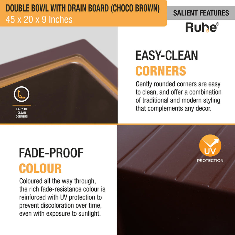 Quartz Double Bowl with Drainboard Kitchen Sink Choco Brown (45 x 20 x 9 inches)