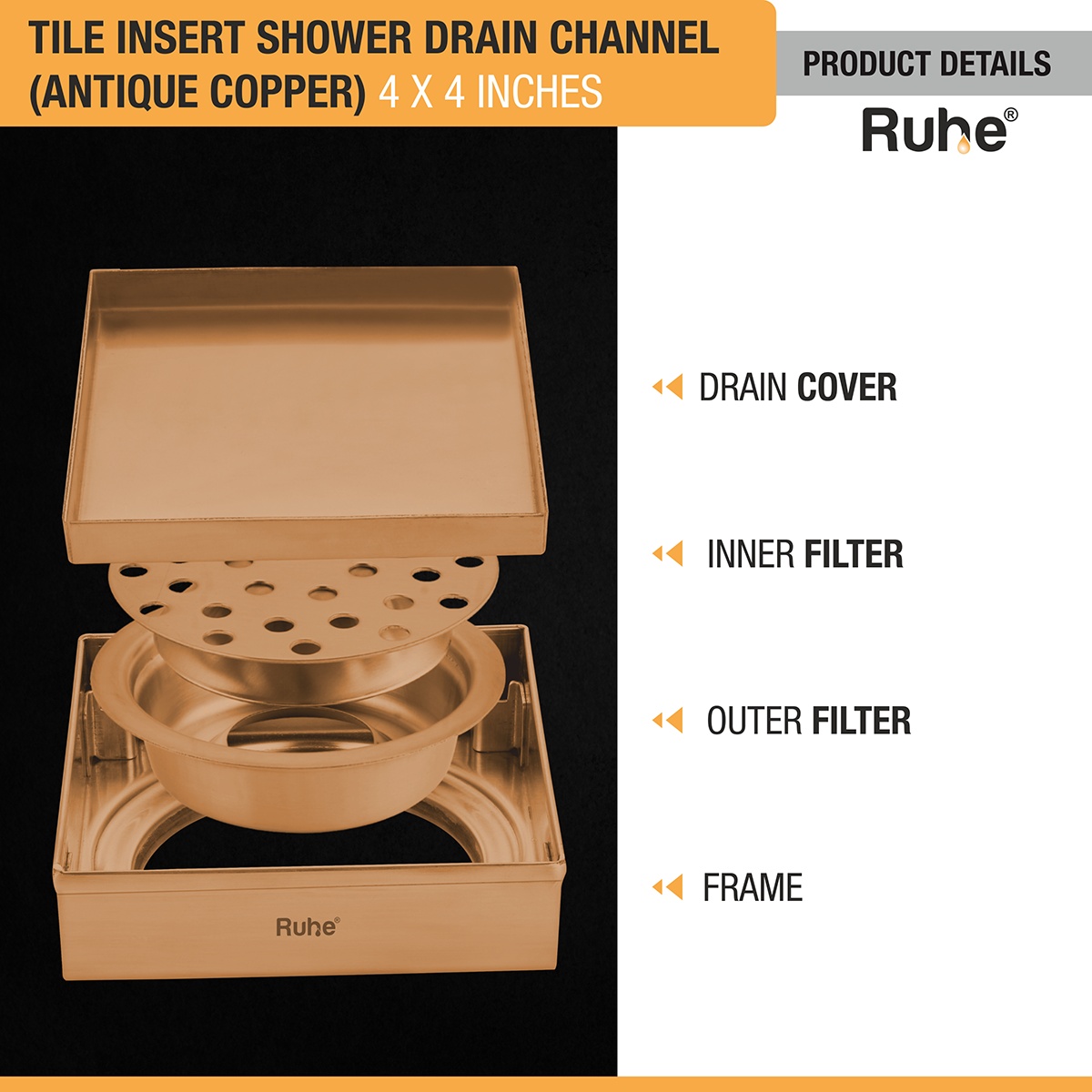 Tile Insert Shower Drain Channel (4 x 4 Inches) ROSE GOLD PVD Coated - by Ruhe®