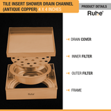 Tile Insert Shower Drain Channel (4 x 4 Inches) ROSE GOLD PVD Coated - by Ruhe®