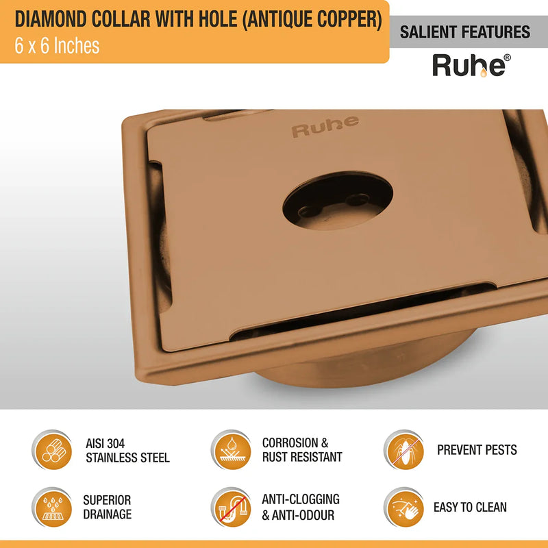 Diamond Square Flat Cut Floor Drain in Antique Copper PVD Coating (6 x 6 Inches) with Hole - by Ruhe
