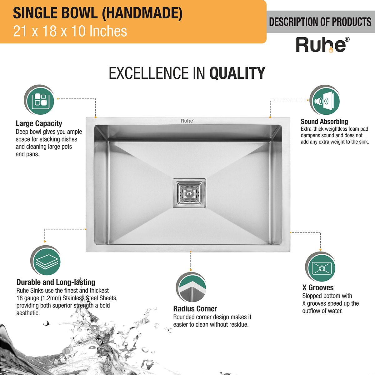 Handmade Single Bowl Premium Stainless Steel Kitchen Sink (21 x 18 x 10 Inches) description of products