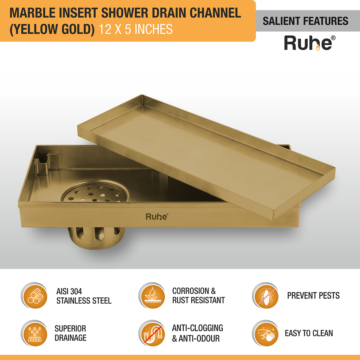 Marble Insert Shower Drain Channel (12 x 5 Inches) YELLOW GOLD PVD Coated features and benefits