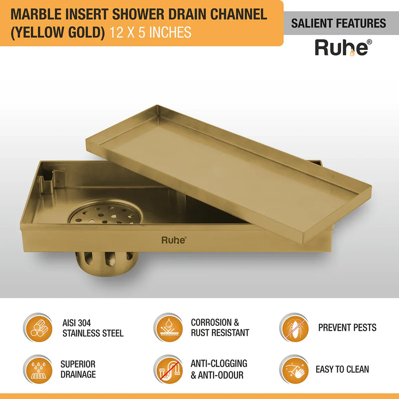 Marble Insert Shower Drain Channel (12 x 5 Inches) YELLOW GOLD PVD Coated - by Ruhe