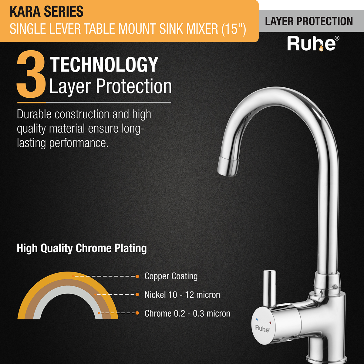 Kara Single Lever Table-Mount Sink Mixer with Medium (15 Inches) Round Swivel Spout Brass Faucet 3 layer protection
