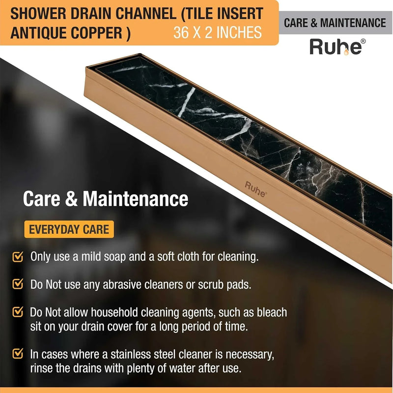 Tile Insert Shower Drain Channel (36 x 2 Inches) Antique Copper PVD Coated - by Ruhe