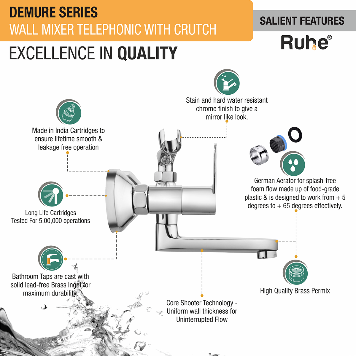 Demure Telephonic Wall Mixer Tap with Crutch - by Ruhe®