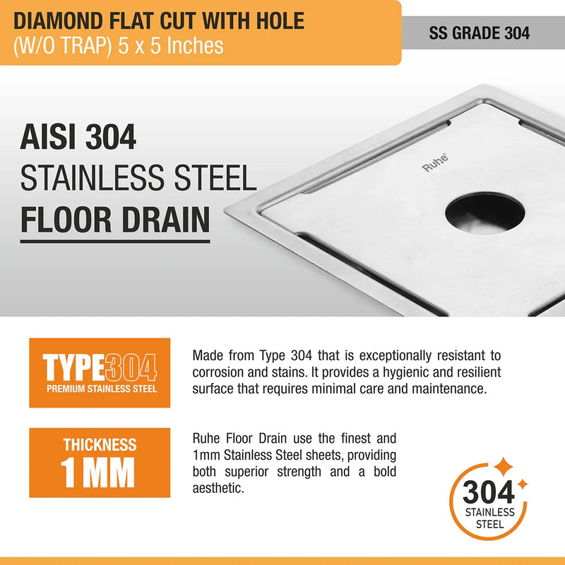 Diamond Square Flat Cut 304-Grade Floor Drain with Hole (5 x 5 Inches) - by Ruhe