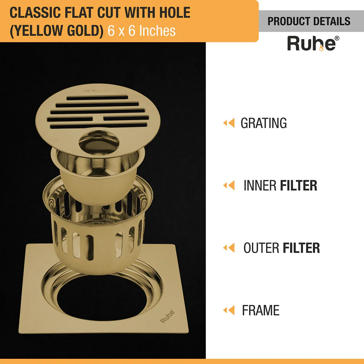 Classic Square Flat Cut Floor Drain in Yellow Gold PVD Coating (6 x 6 Inches) with Hole - by Ruhe