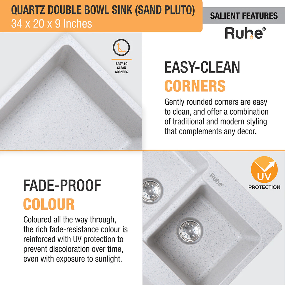 Quartz Double Bowl Kitchen Sink - Sand Pluto (34 x 20 x 9 inches) - by Ruhe®