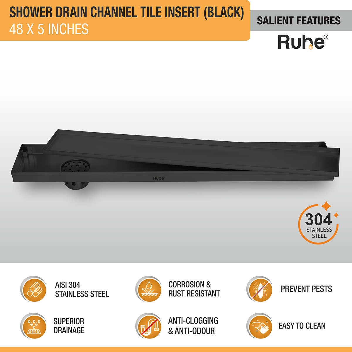 Tile Insert Shower Drain Channel (48 x 5 Inches) Black PVD Coated - by Ruhe®