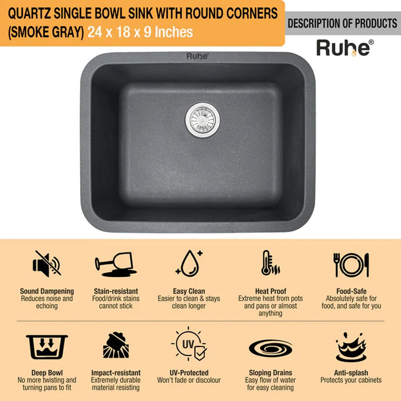 Quartz Single Bowl Round Kitchen Sink (24 x 18 x 9 Inches)