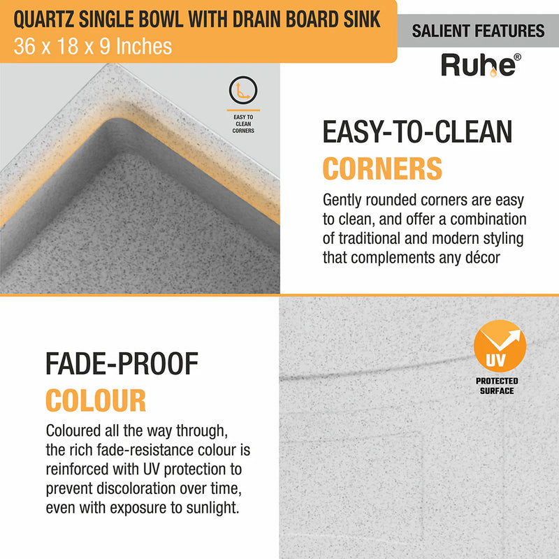 Quartz Single Bowl with Drainboard Kitchen Sink (36 x 18 x 9 Inches)