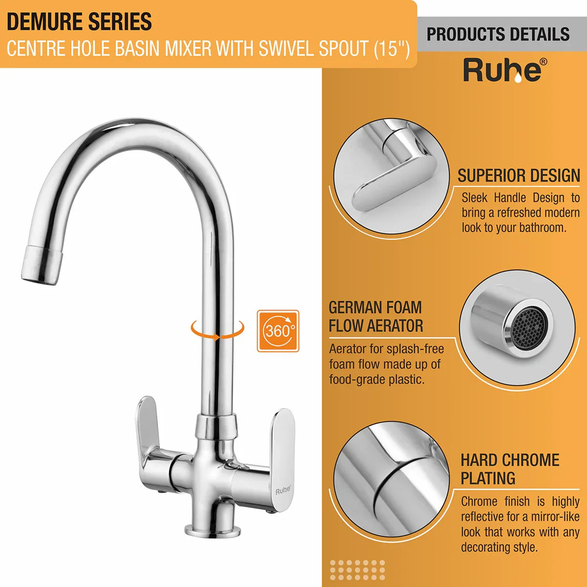 Demure Deck Mount Wash Basin Mixer Tap with Swivel Spout