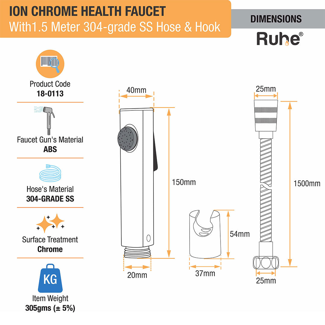 Ion Chrome Health Faucet with  1.5 Meter 304-Grade SS Hose & Hook – by Ruhe