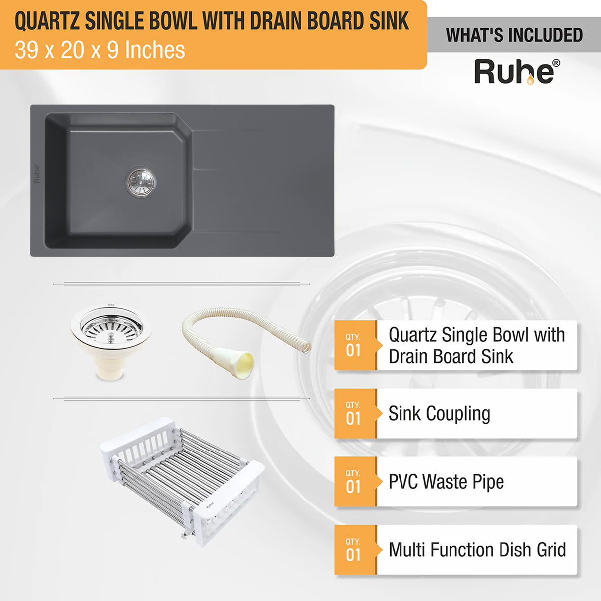 Quartz Single Bowl with Drainboard Kitchen Sink - Smoke Grey (39 x 20 x 9 inches) - by Ruhe