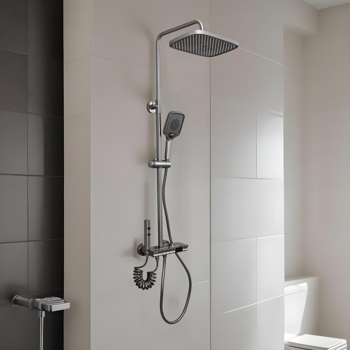 Rain Digital 4-in-1 Piano Shower Panel Complete Set including Overhead Shower, Multi-flow Hand Shower & Health Faucet - by Ruhe