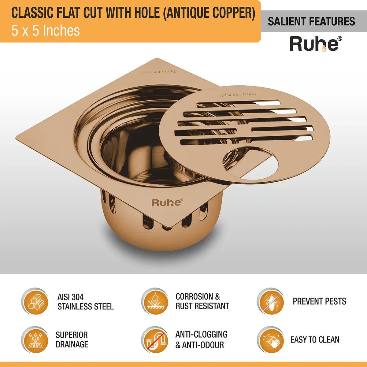 Classic Square Flat Cut Floor Drain in Antique Copper PVD Coating (5 x 5 Inches) with Hole - by Ruhe
