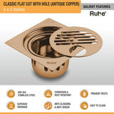 Classic Square Flat Cut Floor Drain in Antique Copper PVD Coating (5 x 5 Inches) with Hole features and benefits