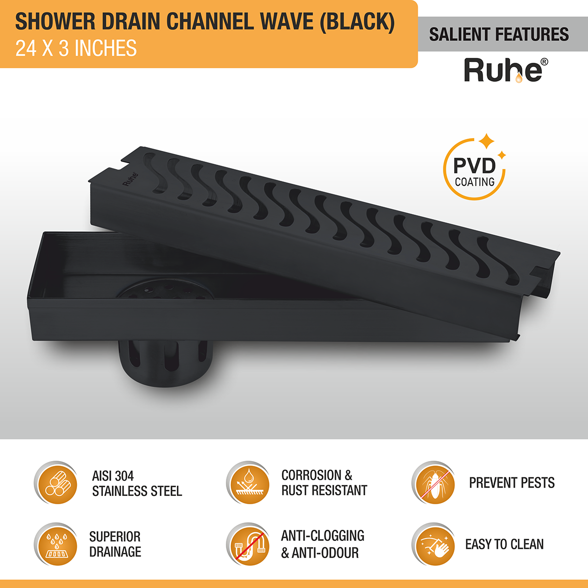 Wave Shower Drain Channel (24 x 3 Inches) Black PVD Coated - by Ruhe®