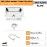 Square Single Bowl 304-Grade Kitchen Sink (24 x 18 x 9 inches)– by Ruhe