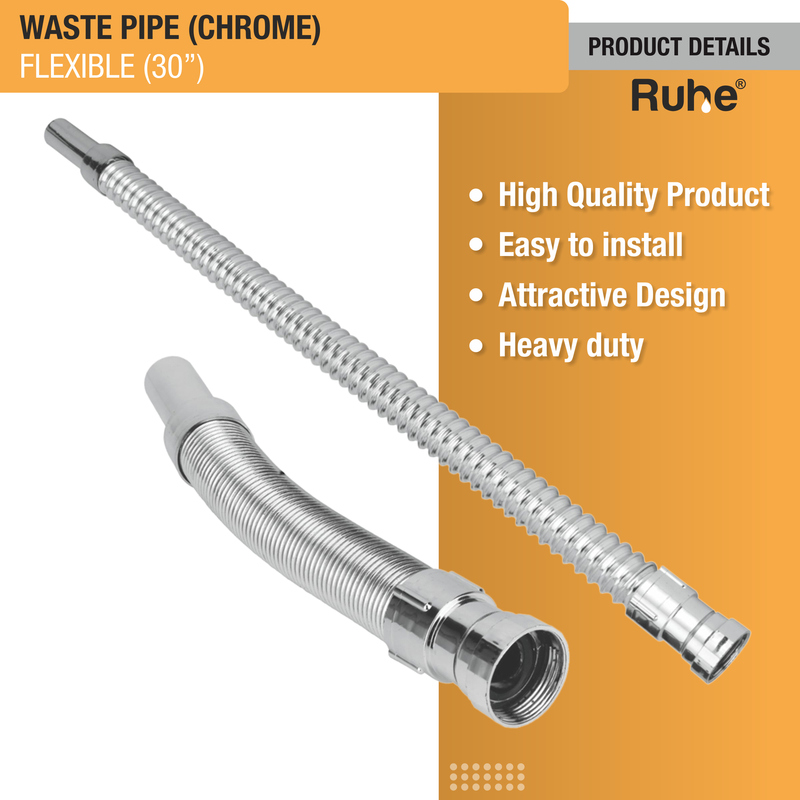 PVC Flexible Waste Pipe with Chrome Finish (30 Inches) - By Ruhe