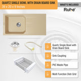 Quartz Single Bowl with Drainboard Kitchen Sink - Sand Choco (39 x 20 x 9 inches) - by Ruhe