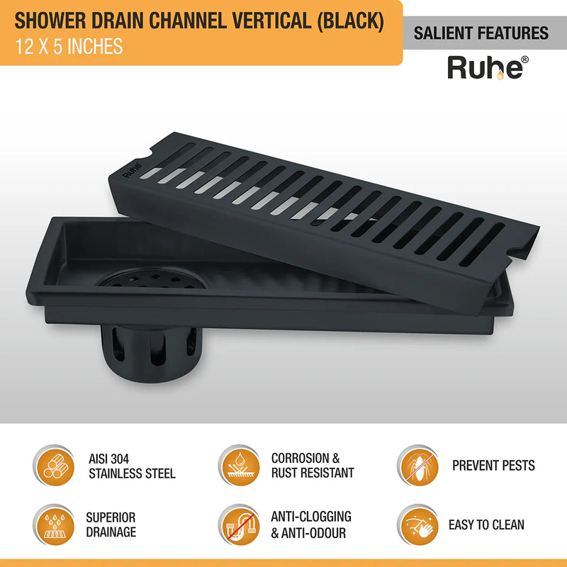 Vertical Shower Drain Channel (12 x 5 Inches) Black PVD Coated - by Ruhe