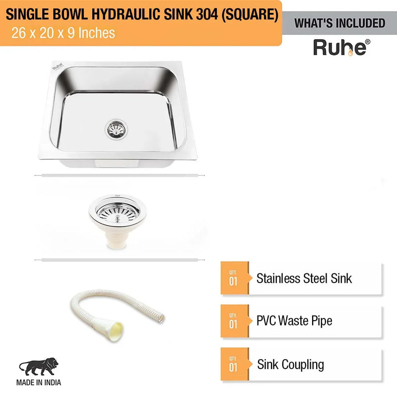 Single Bowl Kitchen Sink (26 x 20 x 9 Inches)