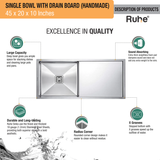 Handmade Single Bowl with Drainboard 304-Grade (45 x 20 x 10 Inches) Kitchen Sink - by Ruhe®