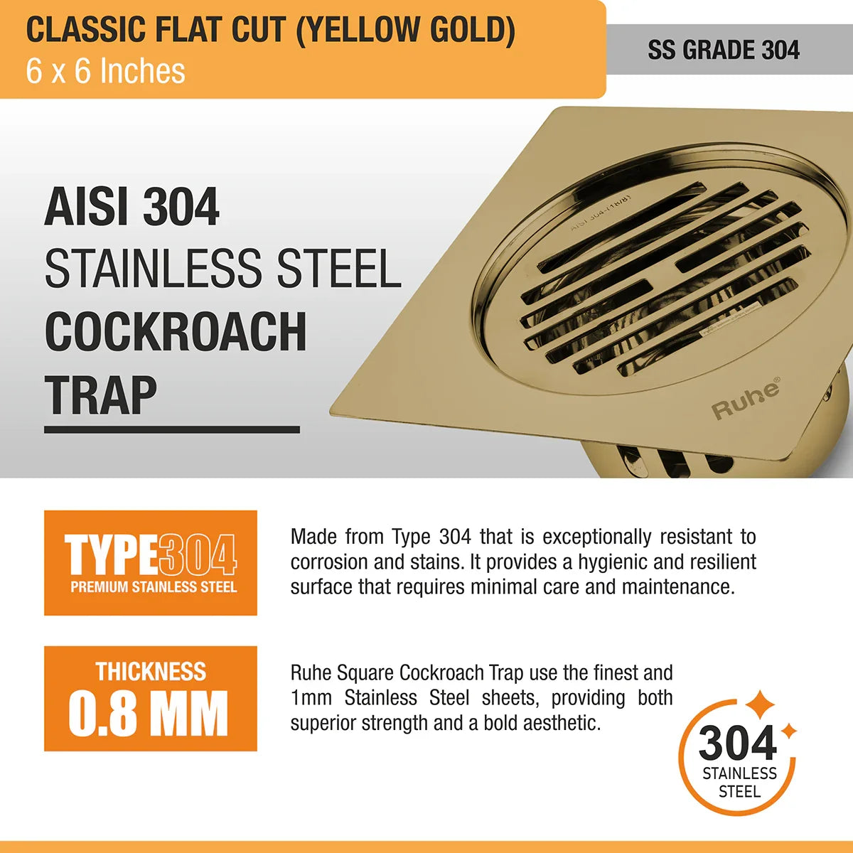 Classic Square Flat Cut Floor Drain in Yellow Gold PVD Coating (6 x 6 Inches) - by Ruhe