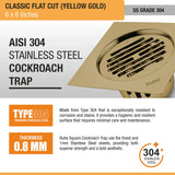 Classic Square Flat Cut Floor Drain in Yellow Gold PVD Coating (6 x 6 Inches) stainless steel 304 grade