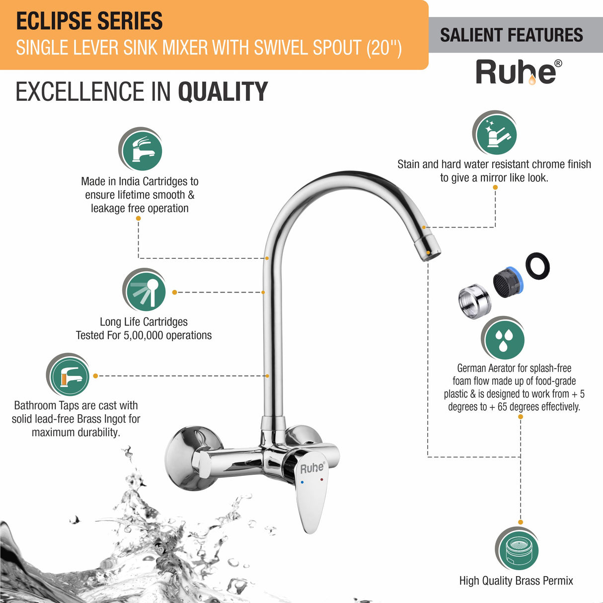 Eclipse Single Lever Wall-mount Brass Mixer Faucet with Swivel Spout (20 Inches) - by Ruhe®
