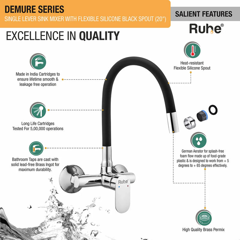 Demure Single Lever Wall-mount Kitchen Sink Mixer Tap with Coloured Silicone Spout
