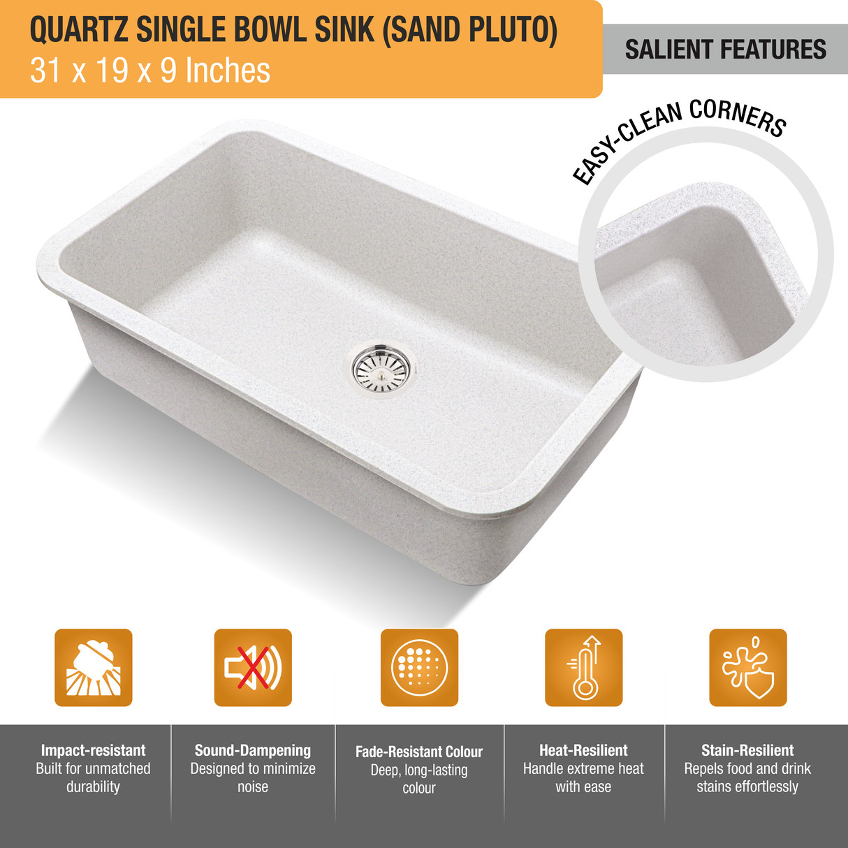 Sand Pluto Quartz Single Bowl Kitchen Sink  (31 x 19 x 9 inches) - by Ruhe