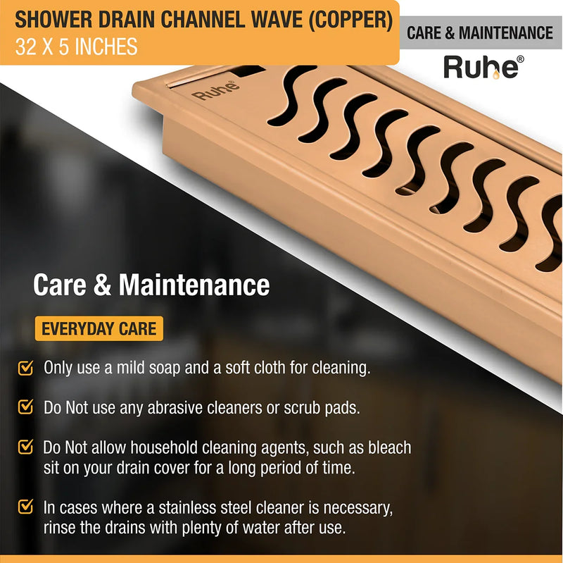 Wave Shower Drain Channel (32 x 5 Inches) Antique Copper PVD Coated - by Ruhe