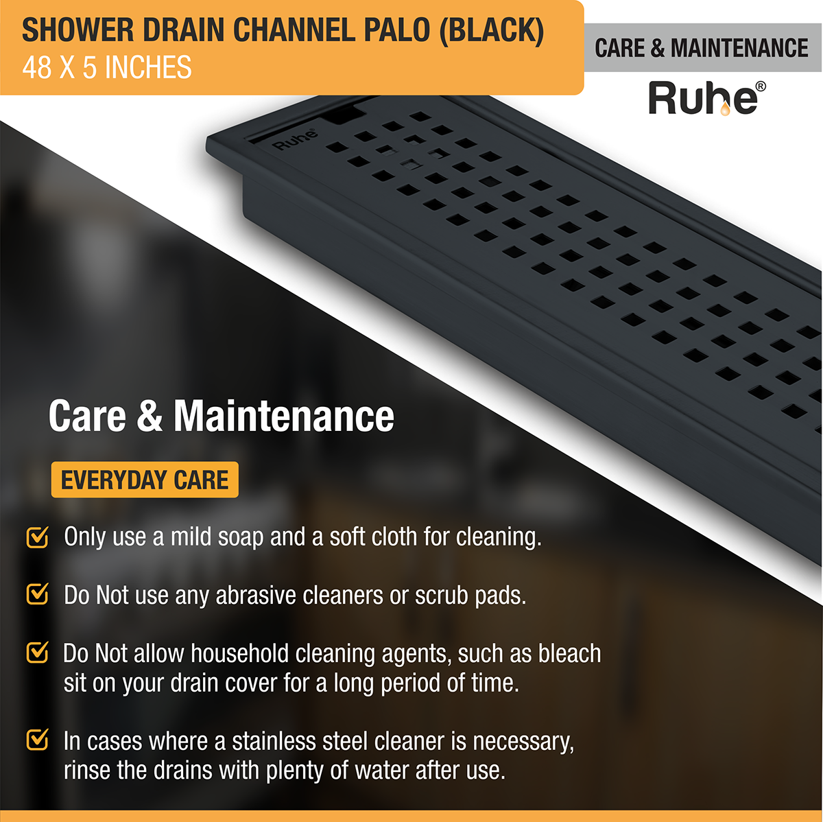 Palo Shower Drain Channel (48 x 5 Inches) Black PVD Coated - by Ruhe®