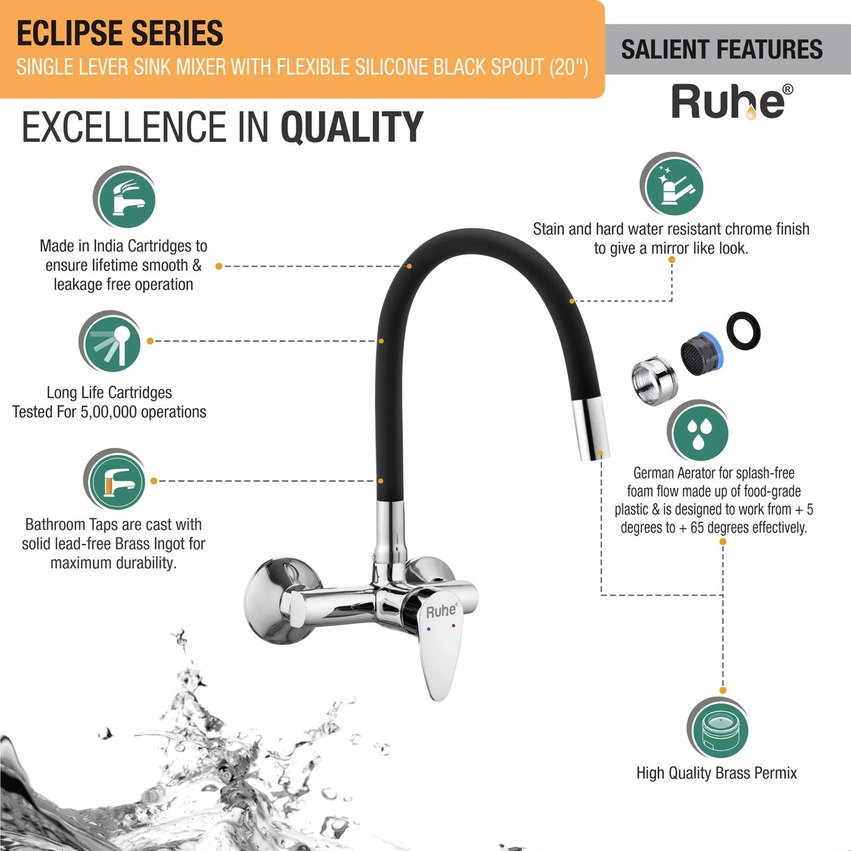 Eclipse Single Lever Wall-mount Kitchen Sink Mixer Tap with Coloured Silicone Spout