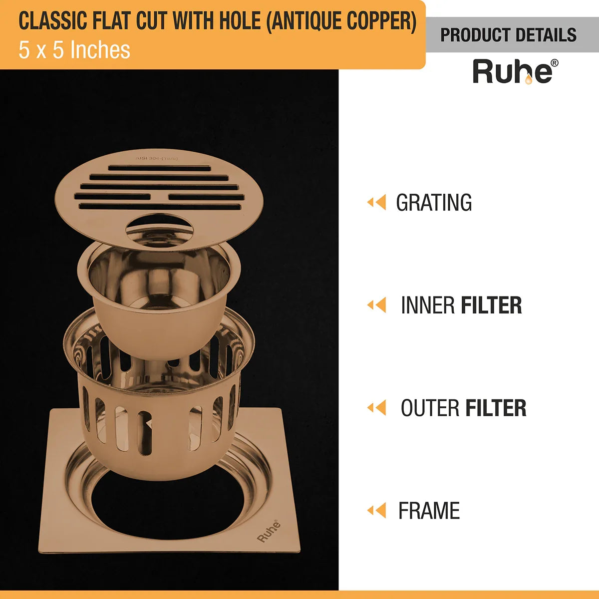 Classic Square Flat Cut Floor Drain in Antique Copper PVD Coating (5 x 5 Inches) with Hole - by Ruhe