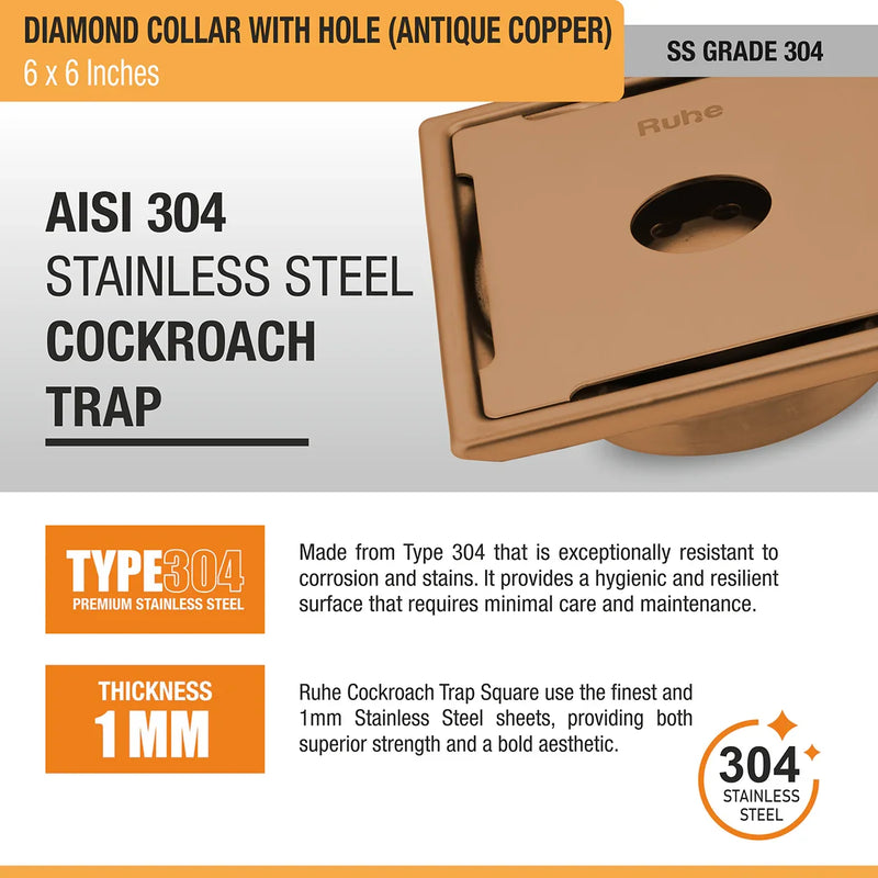Diamond Square Flat Cut Floor Drain in Antique Copper PVD Coating (6 x 6 Inches) with Hole - by Ruhe