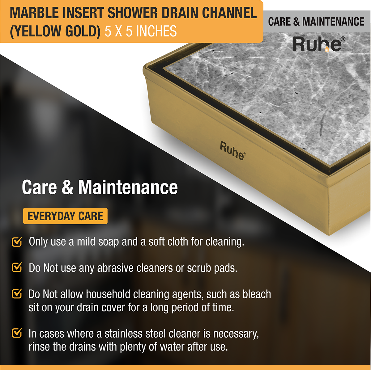 Marble Insert Shower Drain Channel (5 x 5 Inches) YELLOW GOLD PVD Coated care and maintenance
