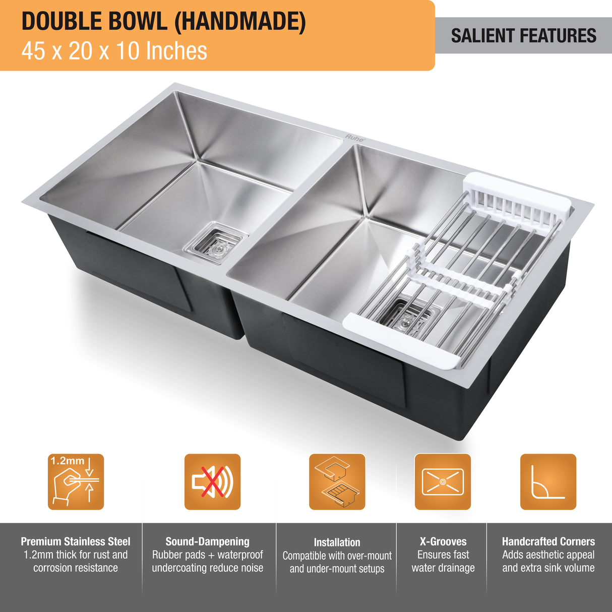 Handmade Double Bowl Kitchen Sink (45 x 20 x 10 Inches) - by Ruhe