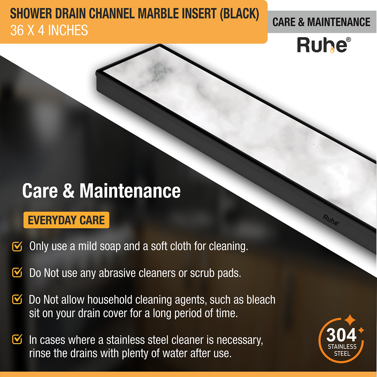 Marble Insert Shower Drain Channel (36 x 4 Inches) Black PVD Coated - by Ruhe®