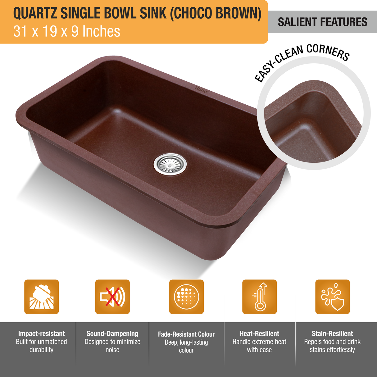 Choco Brown Quartz Single Bowl Kitchen Sink  (31 x 19 x 9 inches) - by Ruhe