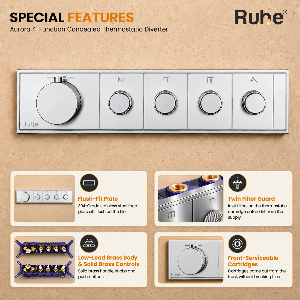 Aurora 4-Function Brass Concealed Thermostatic Diverter
