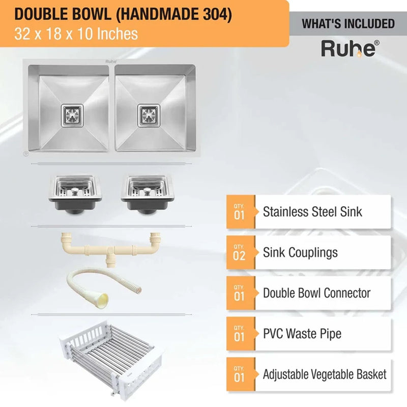 Handmade Double Bowl Kitchen Sink (32 x 18 x 10 Inches)