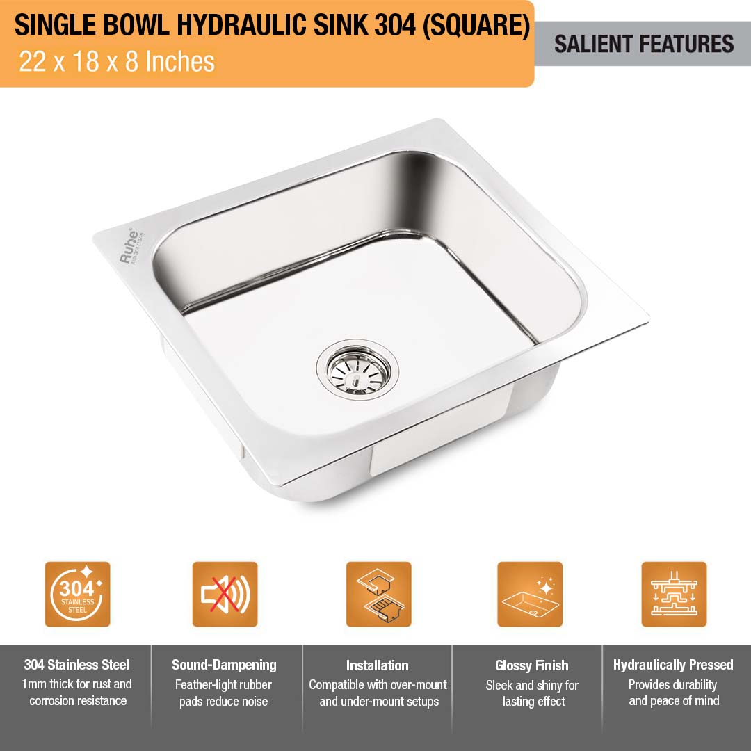 Square Single Bowl 304-Grade Kitchen Sink (22  x 18 x 8 inches) – by Ruhe