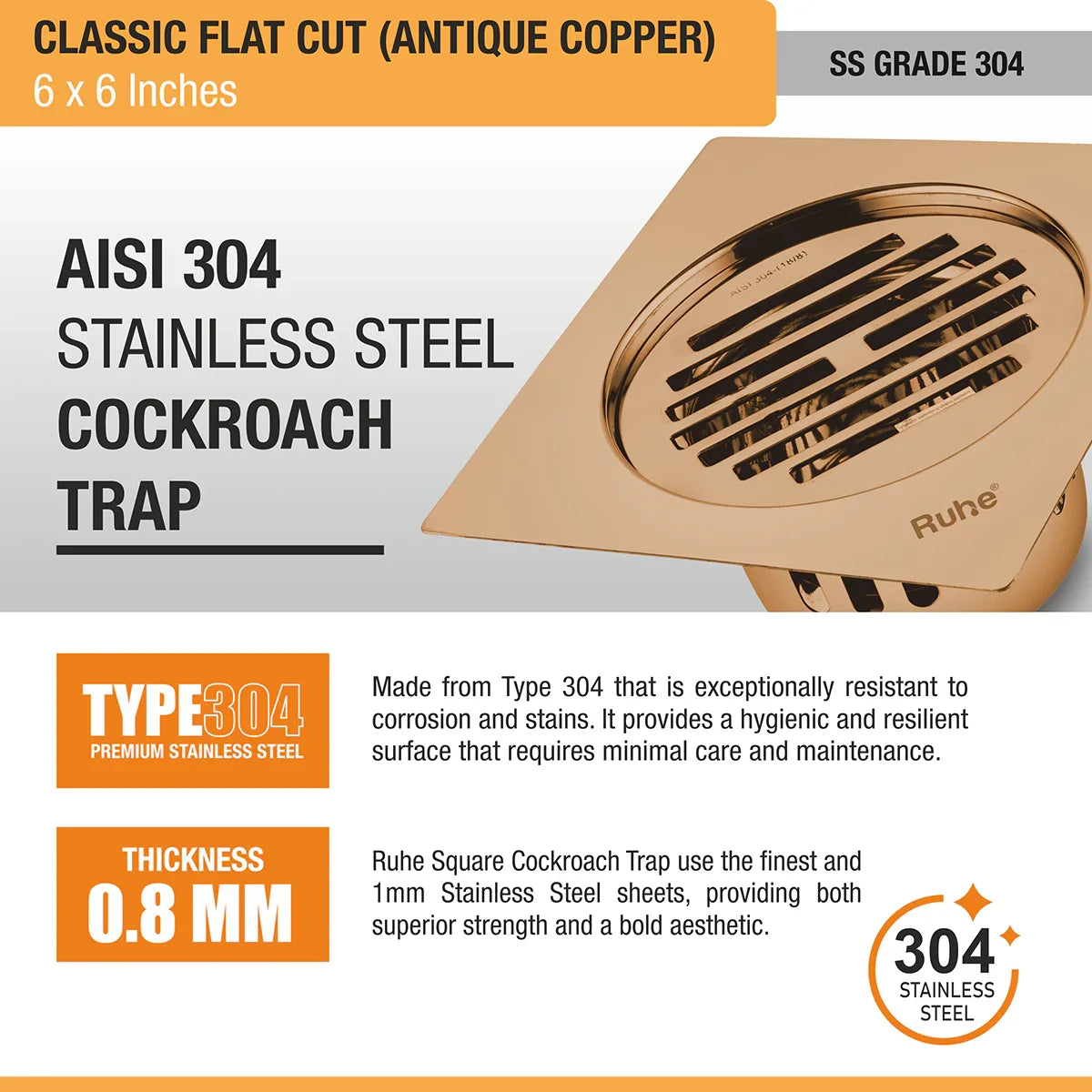 Classic Square Flat Cut Floor Drain in Antique Copper PVD Coating (6 x 6 Inches) - by Ruhe