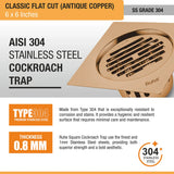 Classic Square Flat Cut Floor Drain in Antique Copper PVD Coating (6 x 6 Inches) 304 stainless steel