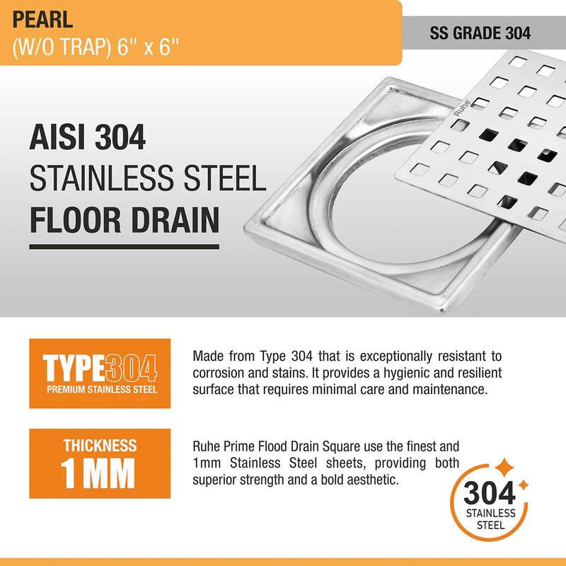 Pearl Square 304-Grade Floor Drain (6 x 6 Inches) - by Ruhe