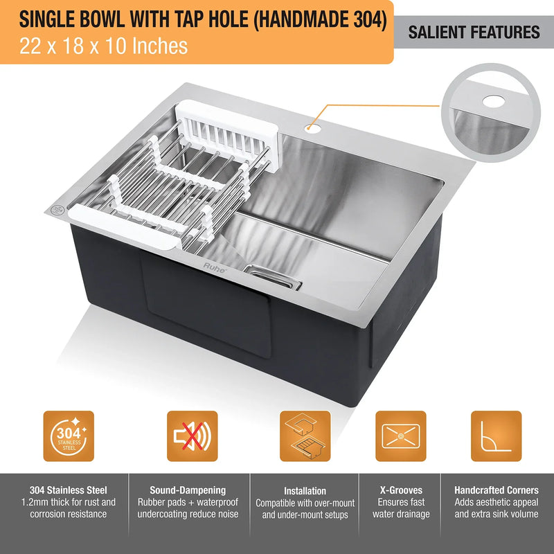 Handmade Single Bowl with Tap Hole Kitchen Sink (22 x 18 x 10 Inches)